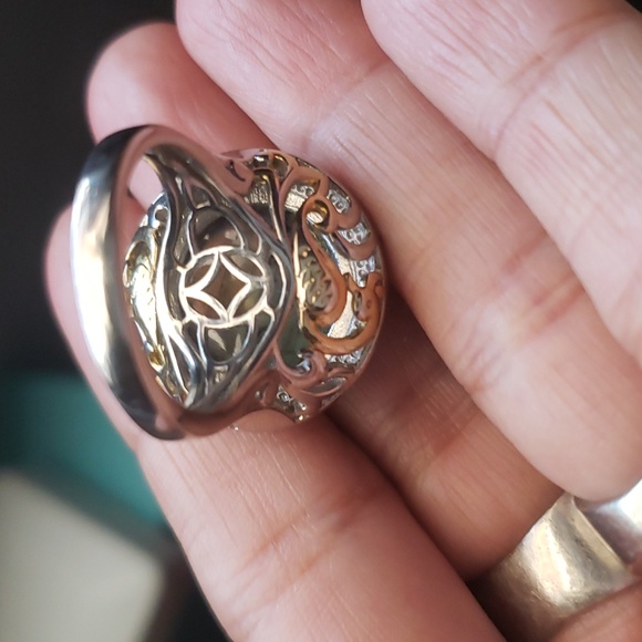 BIG LABADORITE STERLING OVER STAINLESS STEEL WITH GOLD Overlay SZ 8 RING Bird - Picture 9 of 9